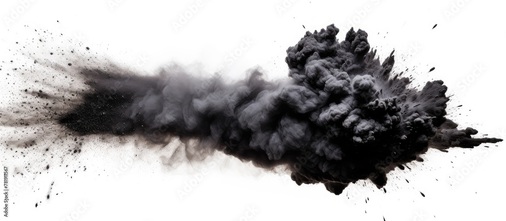 Explosive Black Powder Blast on White Backdrop Explosive Black Powder Blast on White Backdrop