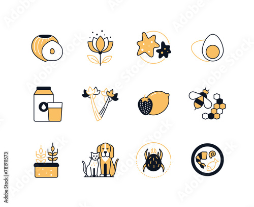 Allergens - modern line design style icons set with editable stroke. Products causing allergy. Nut, pollen, egg, honey and bees, strawberry and lemon, pets, seafood, beetle and soil with sprout idea