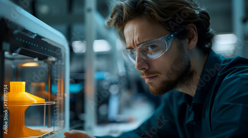 Capturing innovation, young engineer examines the intricate details of a prototype, fresh from the printer © Aekawat