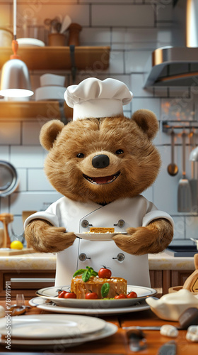 Bear in 3D vector chef uniform preparing meals for flight service, photo