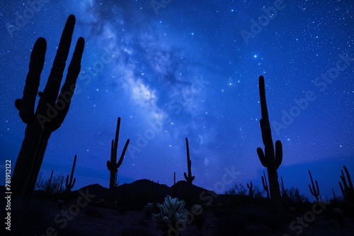 saguaro cacti under the star-studded Milky Way in desert night