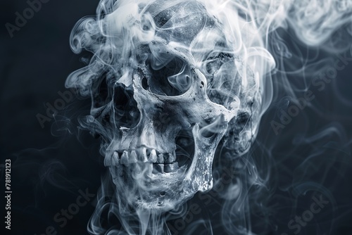 eerie human skull shrouded in swirling smoke on dark background