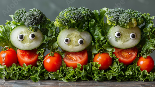 cucumber and tomato. Cucumber with funny eyes. Concept healty food