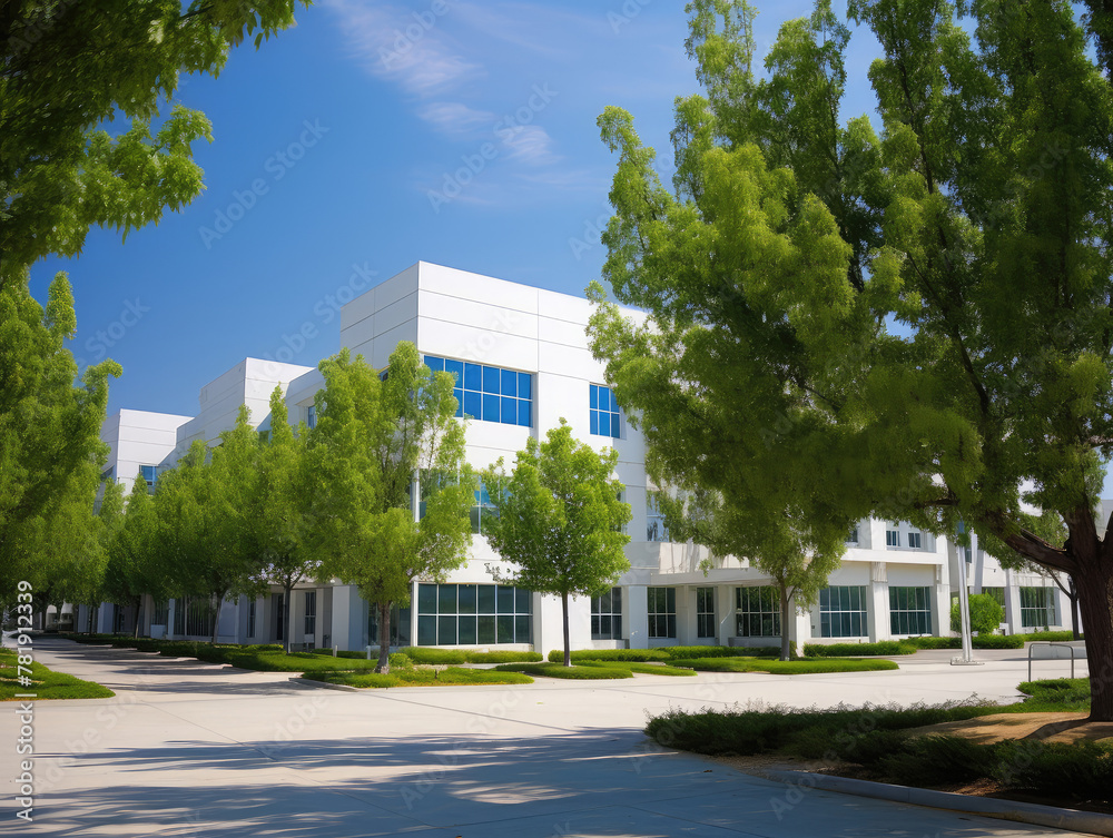 Modern Office Building Surrounded by Lush Greenery