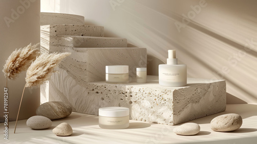 product photography skincare products on a clean light beige background with some stones wood geometric composition soft lighting minimal style ultra high definition