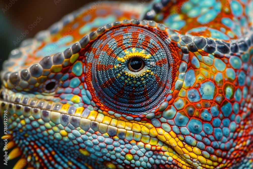 macro shot of a chameleon's eye and vibrant multicolored scales