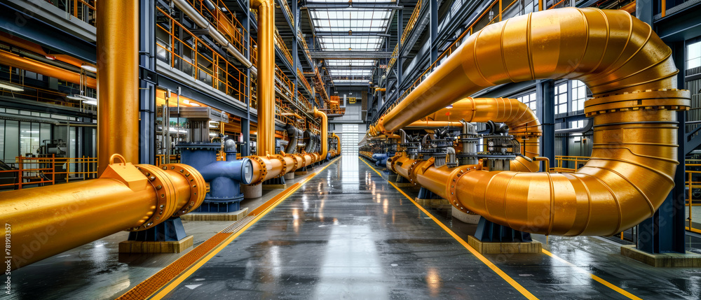 Fototapeta premium Array of industrial Pipes in and around Buildings Wallpaper Cover Background Brainstorming