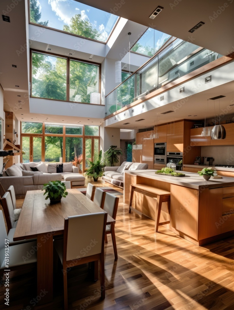 A large open kitchen and living room with a skylight. AI.