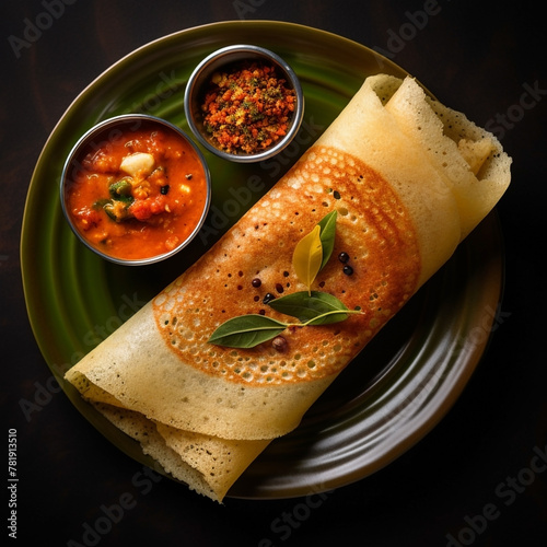 wide top view background photo, delicious masala dosa and curries on a tray, Indian traditional food recipe banner image in dark color background photo