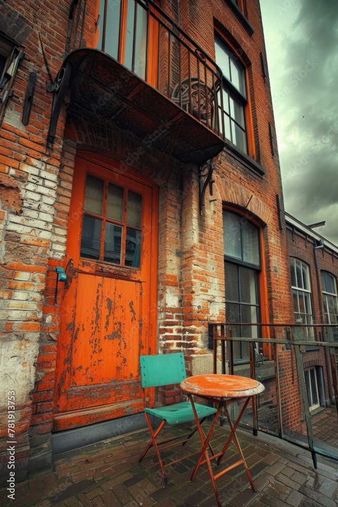 A table and chairs on a brick patio next to an old building. AI.
