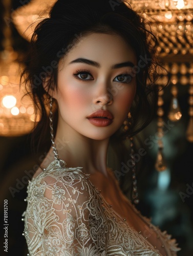 A beautiful asian woman in a white dress with jewelry. AI.
