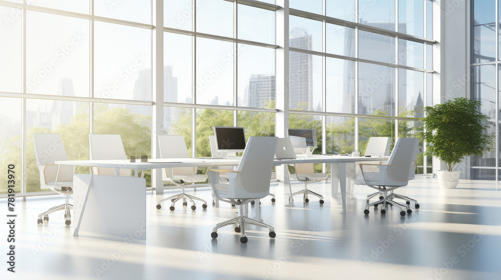 Spacious Modern Office Interior With Cityscape View