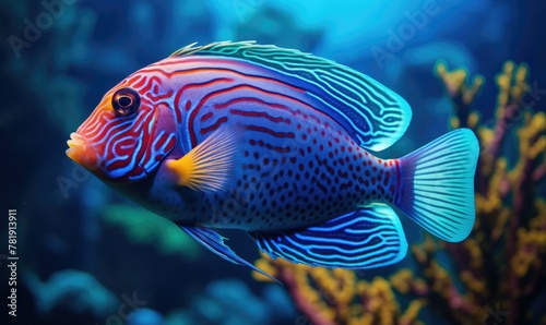 A colorful fish swimming in an ocean with coral and other sea life. AI.