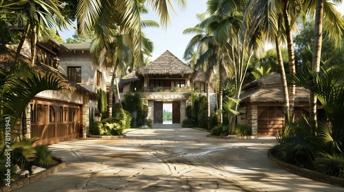 A tropical villa entrance featuring a thatched gatehouse and palm tree-lined driveway. © Tayyab