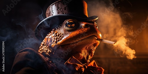 A toad wearing a top hat and smoking a cigarette. AI.