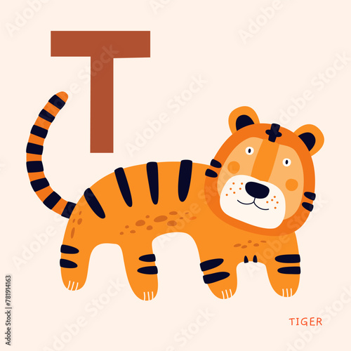 Cute cartoon tiger with letter T. Funny predatory animal. Can be used for children s alphabets  postcards  and books. Vector illustration on a light isolated background.