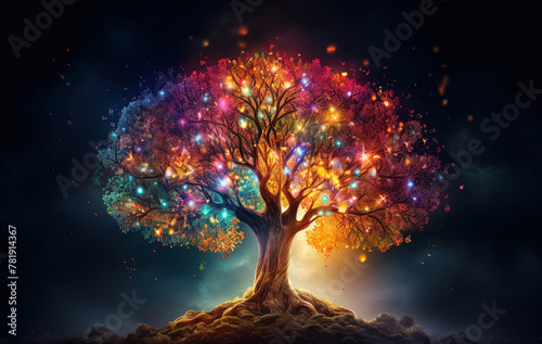 Colorful sacred spiritual Tree of Life fantasy background. Cycle of life mythological magic symbol.