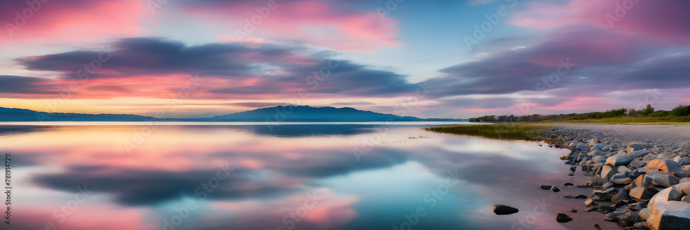 3:1 banner. Colorful clouds reflecting on the surface of a lake. The soft light during sunrise captures the vibrant colors of the clouds reflecting in the lake, creating a charming lakeside scenery.