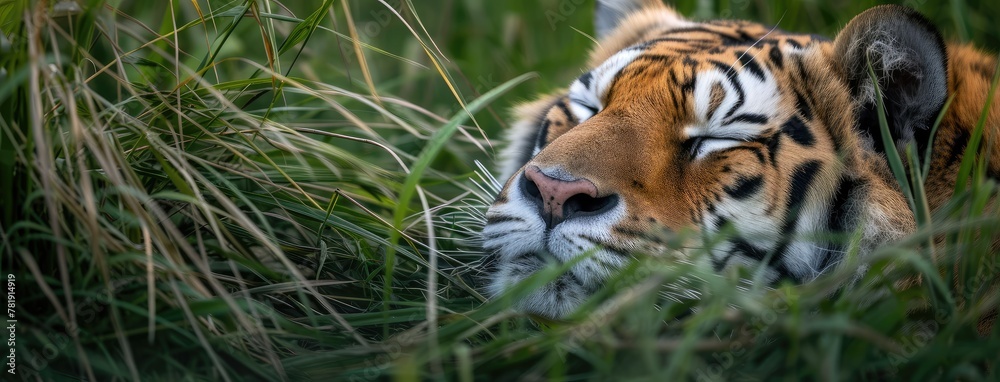 Fototapeta premium Serene Tiger Sleeping Peacefully in Green Grass