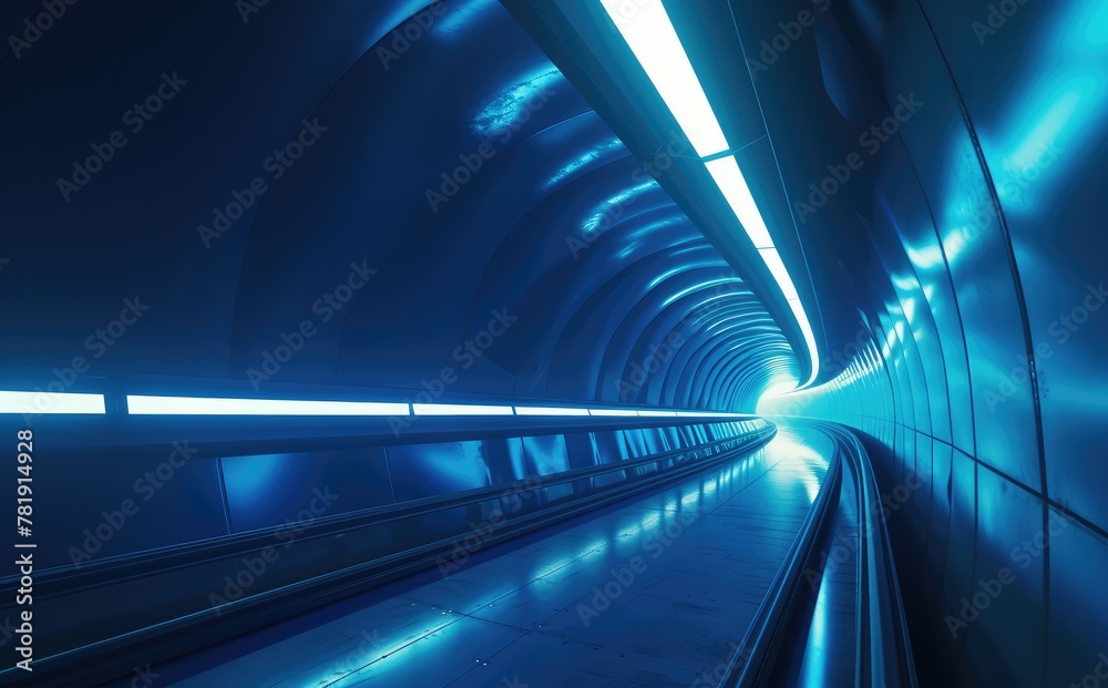 Fototapeta premium Futuristic Blue Tunnel with Radiant Light at End