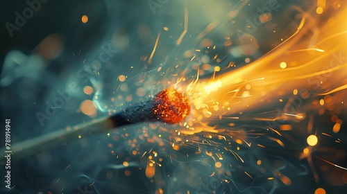 dynamic matchstick ignition with flying sparks and intense flame close-up photo