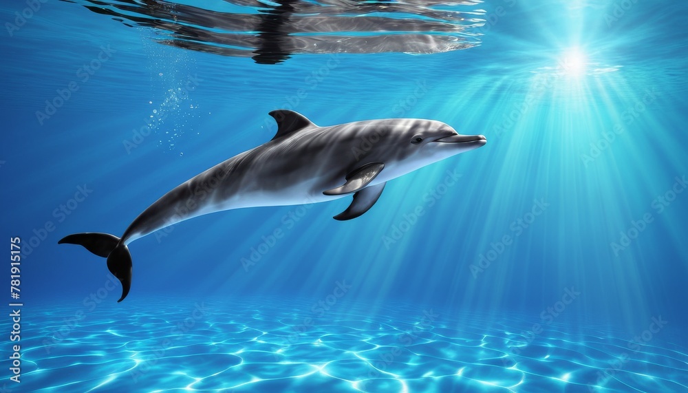 Fototapeta premium A graceful dolphin swims underwater, its silhouette lit by a shaft of sunlight piercing through the ocean surface.. AI Generation