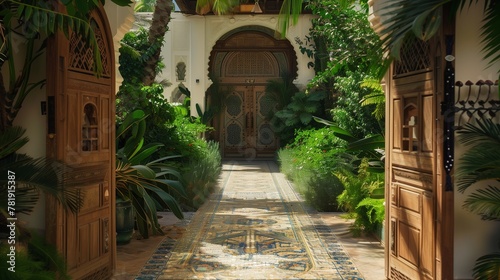 An Arabian villa entrance with a decorative wooden gate and mosaic tile pathway.