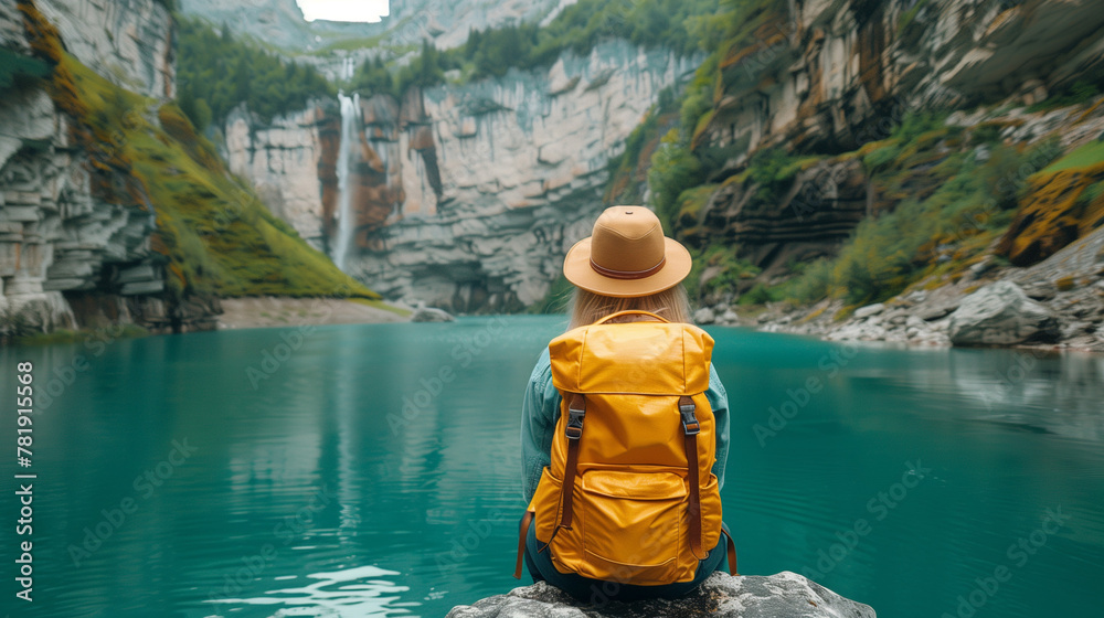 woman in hiking with yellow backpack and hat sits on the edge of an emerald lake looking at waterfalls
