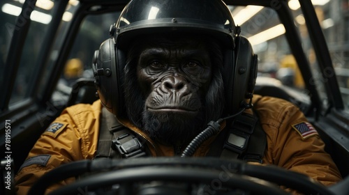 A gorilla wearing a helmet and goggles sitting in the driver's seat of an airplane. AI.