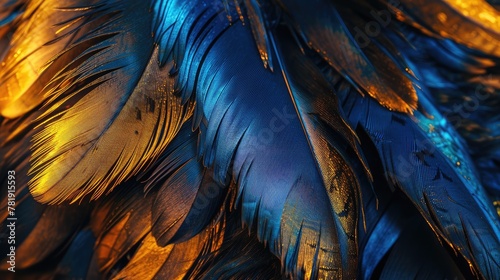 Close-up of Vibrant Blue and Gold Bird Feathers