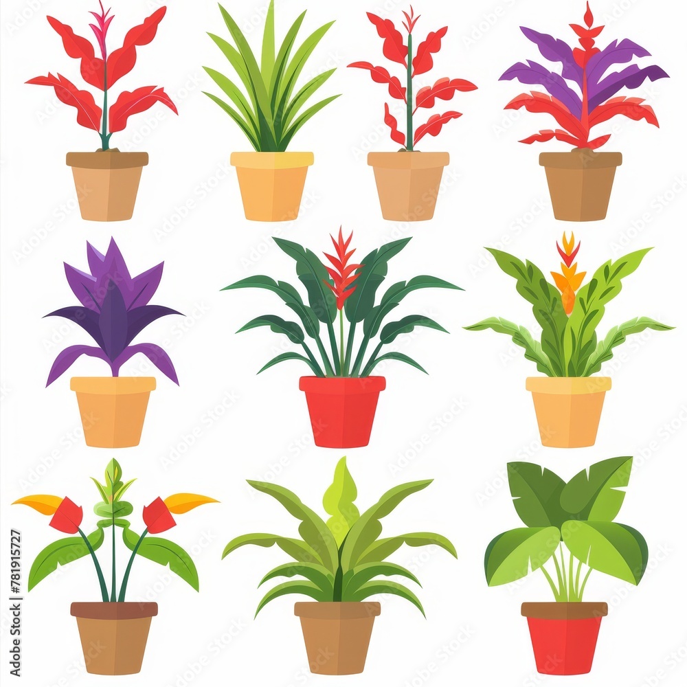 Fototapeta premium Bromeliad (Bromeliaceae genera) Pot Plant Icon Set, Bromeliaceae genera Plant Flat Design