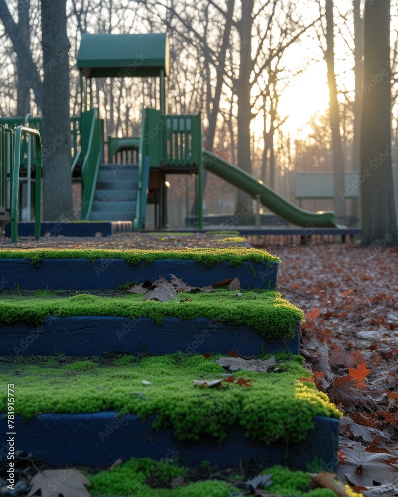 Obraz premium A green grass is growing on a playground slide. AI.