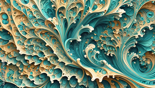 abstrakter Hintergrund einer Marmorierung aus natürlich flüssigen mehrfarbigen Wellen und fantasievollen Mustern in lebendig dynamischen Farbverlauf traumhaft kreativ bunter Textur in blau gelb türkis photo