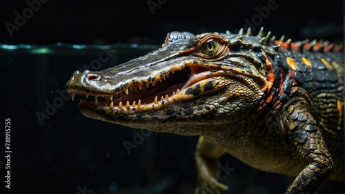 A close up of a crocodile with its mouth open and teeth bared. AI.