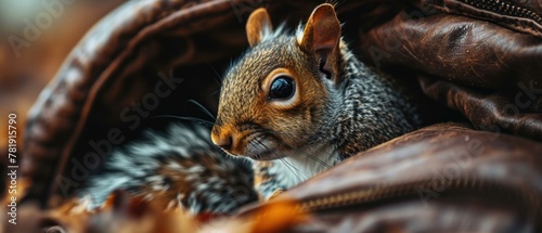 A squirrel is sitting in a brown leather jacket with leaves. AI.