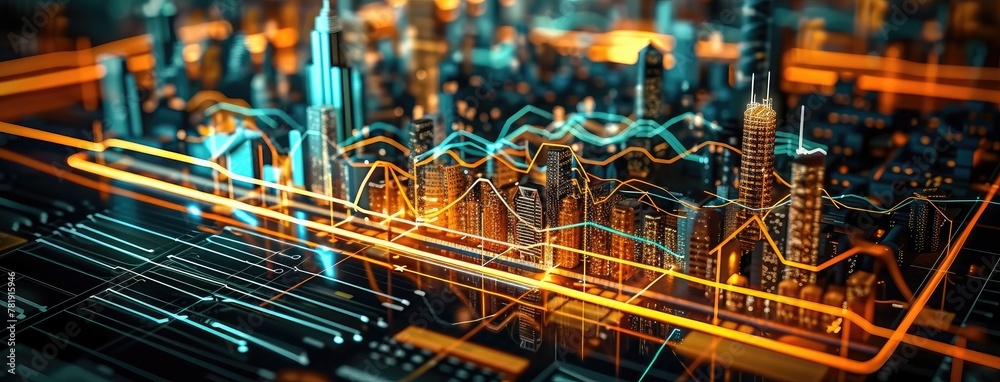 Futuristic Cityscape with Integrated Financial Graphs