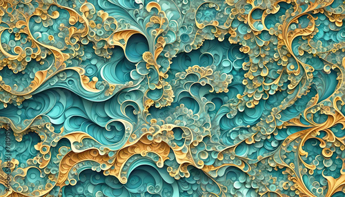 abstrakter Hintergrund einer Marmorierung aus natürlich flüssigen mehrfarbigen Wellen und fantasievollen Mustern in lebendig dynamischen Farbverlauf traumhaft kreativ bunter Textur in blau gelb türkis