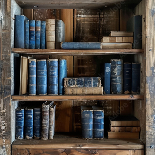 Year 1965. Rustic wooden bookcase with books, some books are placed horizontally and some vertically. The books are in shades of blue.