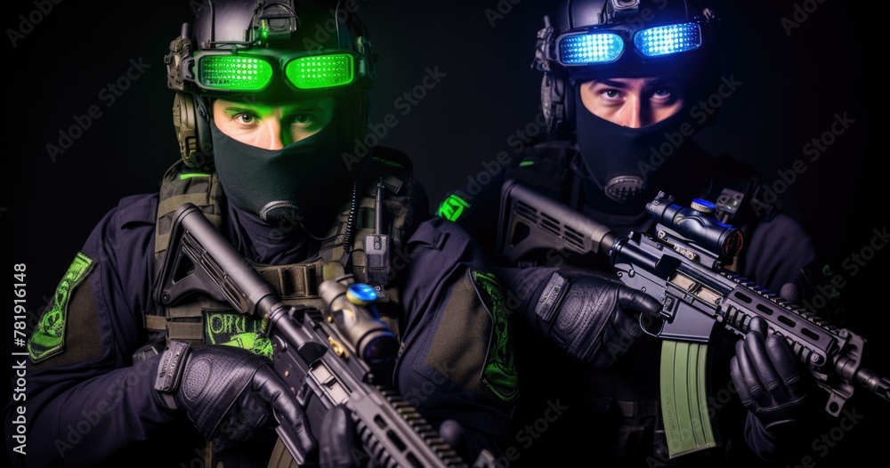 Two men in black with green glowing eyes holding guns. AI. Two men in black with green glowing eyes holding guns. AI.