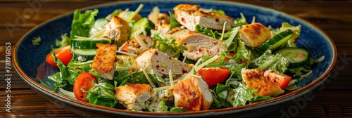 Caesar Salad with Chicken, Croutons, Tomatoes, Cucumbers on Blue Plate, Green Salad with Parmesan