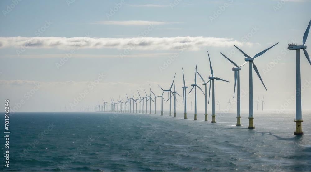 A row of wind turbines are lined up in the ocean. AI.