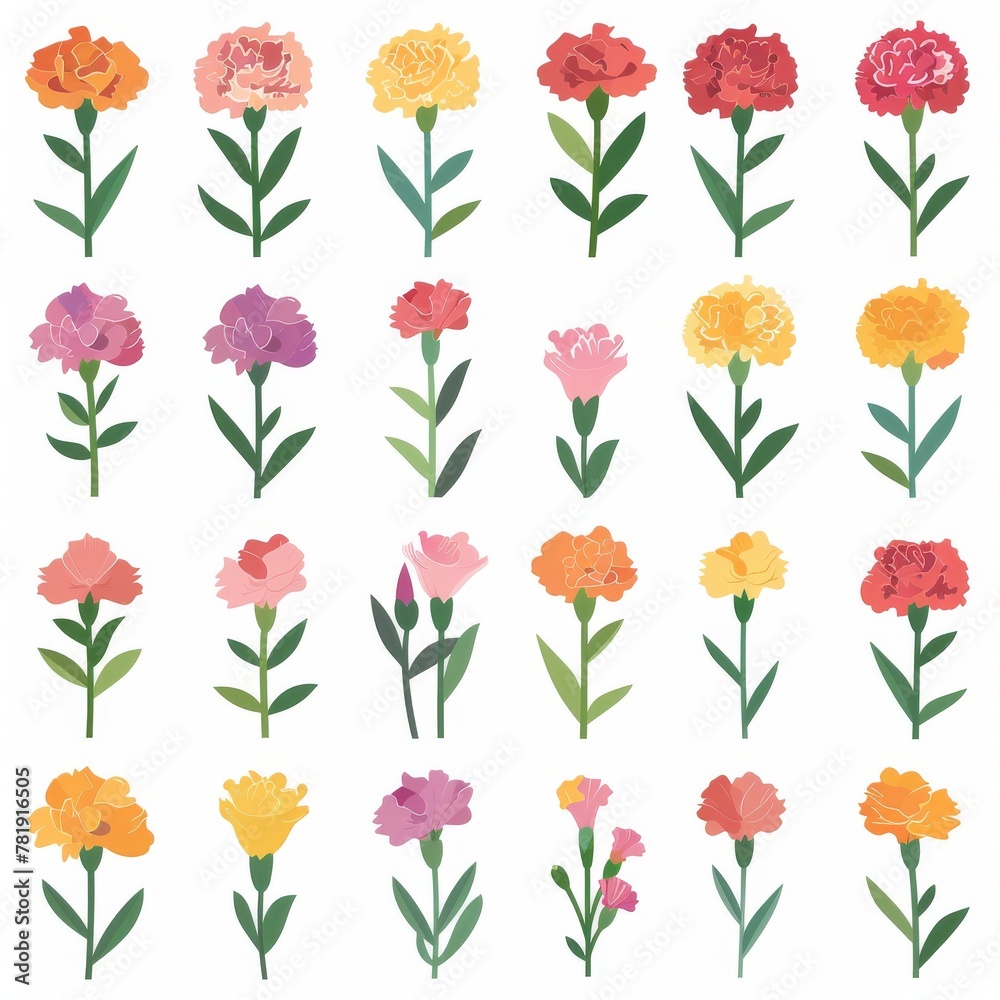 Carnations Flower Icon Set, Garden Carnation Flat Design, Abstract Carnations Symbol, Simple Clove Flowers