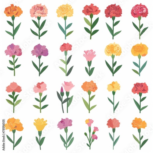 Carnations Flower Icon Set, Garden Carnation Flat Design, Abstract Carnations Symbol, Simple Clove Flowers