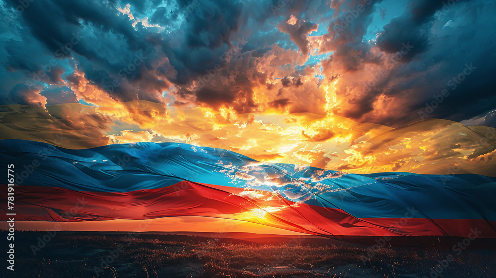The flag of Russia on the background of a sunset sky with clouds