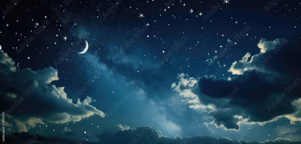 Beautiful Night Sky with Crescent Moon and Stars