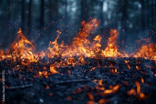 An intense image of a forest under threat by a wildfire with vibrant flames consuming the underbrush, highlighting nature's fury photo