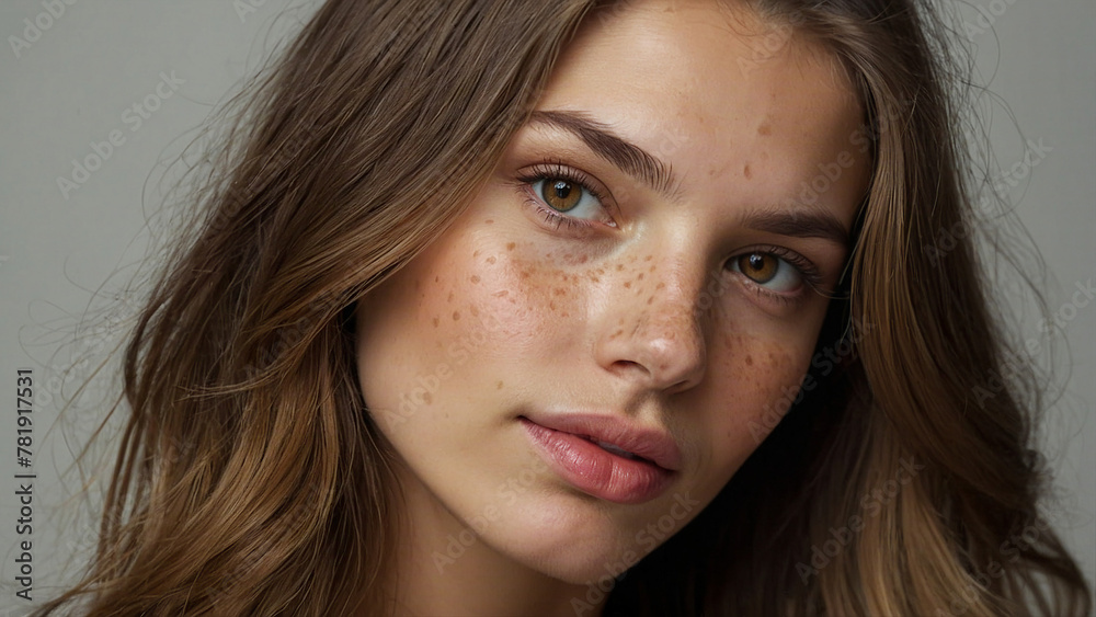 Fototapeta premium Amazing woman with natural beauty appearance looking straight on camera, Generative AI