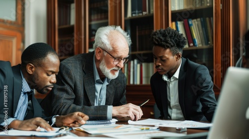 An elderly man, a seasoned executive, mentoring a young apprentice and an intern, reviewing financial reports and offering sage advice in a classic wood-paneled executive office.