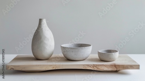 Handcrafted Ceramic Vase and Bowls on Wooden Board © Prostock-studio