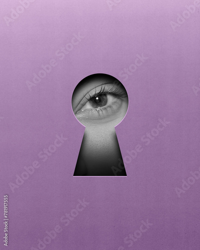 Calm female eye looking into keyhole on purple background. Contemporary art collage. Seeking clarity and understanding. Conceptual design. Concept of creativity, abstract art, imagination © master1305